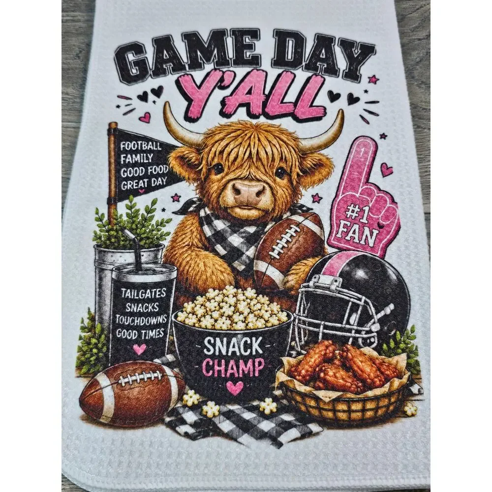 Highland Cow Game Day Kitchen Towel Football Y'all Sports Fan Gift
